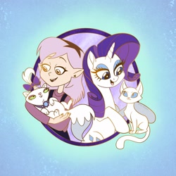 Size: 2048x2048 | Tagged: safe, alternate version, artist:sophie scruggs, part of a set, opalescence, rarity, cat, humanoid, pony, unicorn, g4, spoiler:the owl house, amity blight, bow, duo, duo female, ear piercing, eyeshadow, female, ghost (the owl house), hair bow, heart, horn, makeup, mare, open mouth, open smile, palisman, pet, piercing, smiling, the owl house, witch