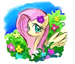 Size: 641x547 | Tagged: safe, artist:图像看什么, fluttershy, pegasus, pony, g4, female, grass, mare, simple background, sky, solo, spread wings, white background, wings