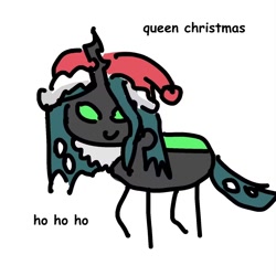 Size: 1500x1500 | Tagged: safe, artist:图像看什么, queen chrysalis, changeling, changeling queen, g4, christmas, female, hat, holiday, mare, queen christmas, santa hat, simple background, solo, text, white background