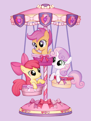 Size: 1280x1706 | Tagged: safe, artist:泉能三角形, apple bloom, scootaloo, sweetie belle, earth pony, pegasus, unicorn, g4, carousel, cute, cutie mark crusaders, diasweetes, female, horn, open mouth, pink background, simple background, smiling, trio, trio female