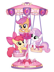 Size: 1280x1706 | Tagged: safe, artist:泉能三角形, apple bloom, scootaloo, sweetie belle, earth pony, pegasus, unicorn, g4, carousel, cutie mark crusaders, female, horn, open mouth, simple background, smiling, trio, trio female, white background