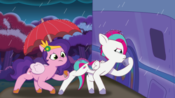 Size: 2400x1350 | Tagged: safe, artist:prixy05, pipp petals, zipp storm, pegasus, pony, g5, my little pony: tell your tale, duo, duo female, female, mare, marestream, rain, royal sisters (g5), siblings, sisters, umbrella, wet, wet mane, wet mane zipp storm