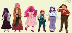 Size: 1789x820 | Tagged: safe, artist:a-zelene, applejack, fluttershy, pinkie pie, rainbow dash, rarity, twilight sparkle, human, g4, alternate hairstyle, applejack's hat, bandana, belly, belly button, belt, boots, bracelet, clothes, coat, cowboy boots, cowboy hat, cutie mark on human, cutie mark tattoo, dark skin, ear piercing, earring, eyeshadow, feet, female, flats, glasses, gloves, goggles, goggles on head, hat, high heels, humanized, jewelry, lipstick, makeup, mane six, midriff, mismatched socks, necklace, open mouth, piercing, sandals, shirt, shoes, size difference, skirt, socks, stockings, tattoo, thigh highs, wall of tags