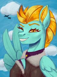 Size: 1560x2100 | Tagged: safe, artist:mr.catfish, lightning dust, pegasus, pony, eaw redux, equestria at war mod, g4, bomber jacket, clothes, colored ear fluff, colored eyebrows, ear fluff, female, grin, half body, hoof on chest, jacket, looking at you, mare, military uniform, one eye closed, outdoors, peace sign, shirt, smiling, solo, teeth, uniform, wing hands, wings, yellow eyes, yellow mane