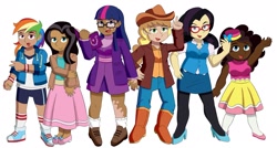 Size: 2048x1097 | Tagged: safe, artist:ashleyponies, applejack, fluttershy, pinkie pie, rainbow dash, rarity, twilight sparkle, human, g4, book, clothes, commission, commissioner:prixy05, converse, dark skin, glasses, humanized, light skin, mane six, moderate dark skin, shoes, simple background, white background