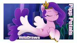 Size: 3840x2160 | Tagged: safe, artist:velodraws, idw, pipp petals, pegasus, pony, seapony (g4), g5, my little pony: set your sail, my little pony: tell your tale, spoiler:g5, adorapipp, bioluminescent, bubble, crepuscular rays, crown, cute, eyes closed, female, fin wings, fins, fish tail, flowing mane, flowing tail, high res, jewelry, mare, ocean, passepartout, purple mane, purple tail, regalia, scales, seaponified, seapony pipp petals, seaquestria, seaweed, solo, species swap, swimming, tail, underwater, water, wings