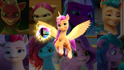 Size: 2560x1440 | Tagged: safe, artist:tom artista, edit, edited screencap, screencap, hitch trailblazer, izzy moonbow, misty brightdawn, opaline arcana, pipp petals, posey bloom, sprout cloverleaf, sunny starscout, zipp storm, alicorn, earth pony, pegasus, pony, unicorn, bridlewoodstock (make your mark), cutie blossom bash, g5, make your mark, my little pony: a new generation, my little pony: make your mark, my little pony: make your mark chapter 4, my little pony: make your mark chapter 5, cute, episode needed, expressions, facial expressions, female, flying, horn, male, mane stripe sunny, mare, mounting, rebith misty, stallion, stock render, super smash bros., transformation, transformed