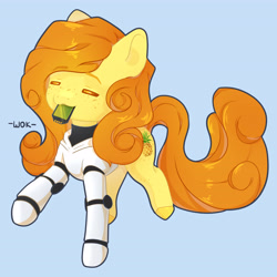 Size: 4600x4600 | Tagged: safe, artist:шок, oc, oc only, oc:anna pine, earth pony, pony, :3, armor, clothes, curly mane, curly tail, freckles, haydee, hood, long hair, long tail, orange mane, orange tail, simple background, smiling, solo, tail, yellow coat