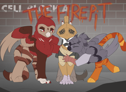 Size: 3133x2291 | Tagged: safe, artist:beardie, oc, oc only, oc:gwynestri goretalons, oc:itai, oc:mia wayfinder, griffon, graffiti, helmet, hug