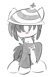 Size: 707x1020 | Tagged: safe, artist:castafae, oc, oc only, earth pony, pony, blushing, book, chest fluff, clothes, ear fluff, female, filly, foal, freckles, hair over eyes, hat, monochrome, nervous, robe, simple background, sitting, solo, sweat, sweatdrop, white background