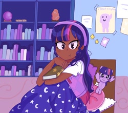 Size: 2003x1759 | Tagged: safe, artist:fluttereinites, twilight sparkle, alicorn, human, pony, g4, bed, blanket, book, bookshelf, clothes, cute, dark skin, female, hairband, humanized, mare, plushie, poster, shirt, skirt, solo, sweater vest, twiabetes, twilight sparkle (alicorn)