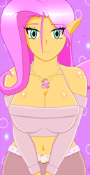 Size: 1057x2048 | Tagged: safe, artist:arian-jl, fluttershy, human, g4, anime, belly, belly button, breasts, busty fluttershy, cleavage, cute, ear piercing, earring, elf ears, harmony, humanized, jewelry, looking at you, midriff, my sexy anthro, necklace, piercing, sexy, solo