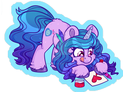 Size: 1600x1206 | Tagged: safe, artist:thehaywaiianhorse, izzy moonbow, pony, unicorn, g5, crayon, cute, deviantart watermark, drawing, female, glitter, heart, horn, izzybetes, mare, obtrusive watermark, smiling, solo, starry eyes, tongue out, watermark, wingding eyes