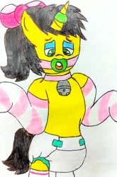 Size: 2151x3256 | Tagged: safe, artist:bitter sweetness, oc, oc only, oc:bitter sweetness, pony, unicorn, abdl, adult foal, bipedal, bow, clothes, diaper, diaper fetish, eyeshadow, fetish, green eyes, hair bow, horn, horn ring, magic suppression, makeup, non-baby in diaper, pacifier gag, ponytail, ring, simple background, sissy, socks, solo, striped socks, traditional art, unicorn oc, white background