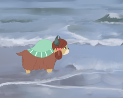 Size: 2481x1975 | Tagged: safe, artist:lillslim, yona, yak, g4, colored, detailed background, digital art, flat colors, looking right, melancholy, ocean, side view, solo, water