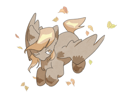 Size: 2334x1920 | Tagged: safe, artist:ju4111a, oc, oc only, pegasus, autumn, flying, leaves, looking at something, one eye closed, pegasus oc, raised hoof, simple background, solo, spread wings, white background, wings, wink