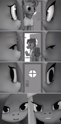 Size: 1989x4000 | Tagged: safe, artist:anonymousandrei, derpibooru exclusive, cheese sandwich, limestone pie, marble pie, earth pony, pony, comic:life of li'l cheese, g4, aunt and nephew, bedroom eyes, evil smile, father and child, father and son, female, grammar error, i need an adult, implied li'l cheese, looking at someone, male, mare, offscreen character, older, older cheese sandwich, older limestone pie, older marble pie, perspective, pie family home, pov, smiling, stallion