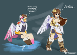 Size: 2609x1857 | Tagged: safe, artist:zeydaan, oc, oc:foxxy hooves, angel, hippogriff, anthro, book, character to character, female, female to male, hippogriff oc, hot springs, human female, kid icarus, pit (kid icarus), rule 63, sitting, transformation, transformation sequence, transgender transformation