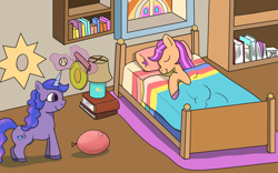 Size: 1920x1200 | Tagged: safe, artist:addelum, izzy moonbow, sunny starscout, earth pony, unicorn, g5, balloon, baseball, bed, blanket, book, bookshelf, concave belly, crystal brighthouse, duo, duo female, evil, female, horn, indoors, levitation, magic, mare, pillow, sleeping, sports, sunny starscout's bedroom, telekinesis, waking up