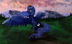 Size: 3508x2172 | Tagged: safe, artist:egyptian, edit, princess luna, alicorn, pony, g4, butt, crown, female, grass, jewelry, mare, mountain, outdoors, peytral, plot, regalia, scenery, sfw edit, solo, spread wings, sunset, trail, wings