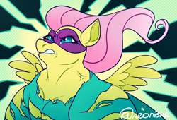 Size: 1110x756 | Tagged: safe, artist:neonishe, fluttershy, saddle rager, pegasus, pony, g4, power ponies (episode), angry, clothes, cross-popping veins, emanata, female, flutterhulk, mare, mask, muscles, muscleshy, power ponies, solo, torn clothes