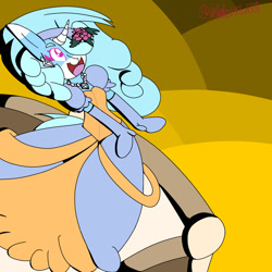 Size: 1280x1280 | Tagged: safe, artist:thehardcolt89, oc, oc only, oc:jemimasparkle, pony, unicorn, anthro, cinderella, clothes, cute, dress, ear piercing, earring, female, flower, flower in hair, gown, horn, jetlag productions, jewelry, mare, necklace, ocbetes, open mouth, open smile, pearl necklace, piercing, poofy shoulders, puffy sleeves, smiling, solo, sunset