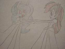 Size: 1040x780 | Tagged: safe, artist:arrowsweetie, oc, oc only, oc:jemimasparkle, oc:red arrow, human, equestria girls, g4, ballgown, choker, cinderella, clothes, cute, dancing, dancing together, dress, duo, evening gloves, female, gloves, gown, hairband, long gloves, looking at each other, looking at someone, ocbetes, open mouth, open smile, poofy shoulders, smiling, smiling at each other, traditional art, waltz