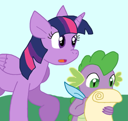 Size: 887x838 | Tagged: safe, artist:cmara, spike, twilight sparkle, alicorn, dragon, pony, g4, duo, duo male and female, female, letter, male, outdoors, twilight sparkle (alicorn), wingless spike