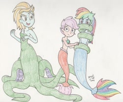 Size: 1400x1158 | Tagged: safe, artist:bageloftime, lightning dust, rainbow dash, scootaloo, mermaid, equestria girls, g4, angry, bondage, bound and gagged, bra, commission, evil smile, female, gag, mermaidized, open mouth, open smile, scared, sea witch, seashell, seashell bra, siblings, sisters, smiling, smirk, species swap, tentacle bondage, tentacle gag, tentacle porn, tentacles, the little mermaid 2: return to the sea, traditional art, trio, worried