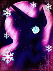 Size: 1024x1366 | Tagged: safe, artist:asinglepetal, nightmare rarity, pony, unicorn, g4, crossed legs, ethereal mane, gradient background, hearth's warming, horn, procreate app, slit pupils, snow, snowflake, solo, starry mane, stars, watermark, wavy mane, winter