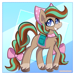 Size: 1794x1792 | Tagged: safe, artist:saveraedae, pony, abstract background, bow, brown fur, brown mane, cocoa (wild manes), female, hair bow, looking at you, mare, passepartout, ponified, saddle, smiling, solo, tack, teal mane, unshorn fetlocks, wild manes