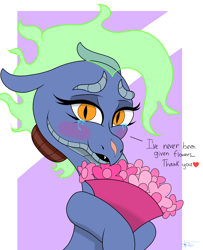 Size: 2600x3200 | Tagged: safe, artist:anix_space, baihe (tfh), dragon, hybrid, longma, them's fightin' herds, blushing, bouquet of flowers, bust, community related, crying, flower, tears of joy