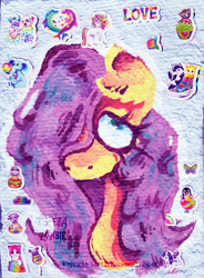 Size: 1460x1987 | Tagged: safe, artist:maniczombiedreamgirl, fluttershy, pony, g4, 2024, acrylic painting, bust, chest fluff, cute, ear fluff, floppy ears, hair over one eye, lineless, lisa frank, long eyelashes, looking at you, pink mane, portrait, shyabetes, simple background, sticker, teal eyes, traditional art, watermark, white background, yellow coat