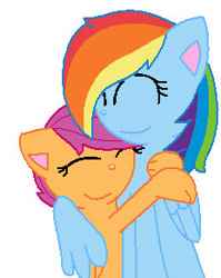 Size: 232x291 | Tagged: safe, artist:imtailsthefoxfan, rainbow dash, scootaloo, cat, cat pony, original species, pegasus, pony, g4, ^^, catified, cute, cutealoo, daaaaaaaaaaaw, dashabetes, duo, duo female, eyes closed, female, filly, foal, heartwarming, hug, mare, rainbow cat, scootacat, scootalove, siblings, simple background, sisters, smiling, species swap, white background, wholesome, winghug, wings