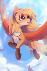 Size: 2400x3600 | Tagged: safe, artist:anku, oc, oc only, pegasus, pony, countershading, flying, jewelry, necklace, open mouth, open smile, outdoors, pegasus oc, smiling, solo, spread wings, wings