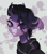 Size: 3161x3603 | Tagged: safe, artist:meggychocolatka, oc, oc only, oc:meg, cow, abstract background, big ears, bust, chibi, cow oc, cute, halftone, horns, icon, portrait, purple background, purple body, purple eyes, purple hair