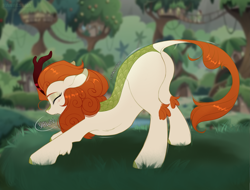 Size: 3425x2604 | Tagged: safe, artist:kanaeshka, autumn blaze, kirin, g4, sounds of silence, blazebutt, blurry background, bridge, butt, cute, drool, drool string, ears back, eyes closed, fanart, female, grass, hill, kirin village, leaning forward, long tail, mare, morning, outdoors, plot, ropes, sleepy, solo, stretching, tail, tree, yawn