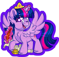 Size: 1600x1551 | Tagged: safe, artist:thehaywaiianhorse, twilight sparkle, alicorn, pony, g4, chibi, deviantart watermark, magic, obtrusive watermark, open mouth, open smile, partially transparent background, quill, scroll, smiling, solo, spread wings, starry eyes, twilight sparkle (alicorn), watermark, wingding eyes, wings