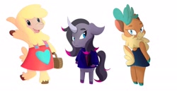 Size: 2500x1285 | Tagged: safe, artist:heartbeat420, artist:purpleheart002, oleander (tfh), paprika (tfh), velvet (tfh), alpaca, classical unicorn, deer, reindeer, unicorn, anthro, them's fightin' herds, animal crossing, apron, book, butt, clothes, cloven hooves, community related, female, horn, leonine tail, looking at you, looking back, looking back at you, plot, shirt, simple background, trio, unshorn fetlocks, white background