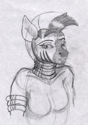 Size: 1675x2374 | Tagged: safe, artist:ciaran, derpibooru exclusive, zecora, zebra, anthro, g4, armband, bust, female, looking at you, neck rings, pencil drawing, simple background, sketch, smiling, solo, traditional art