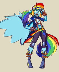 Size: 2406x2935 | Tagged: safe, artist:shadowhawx, rainbow dash, human, pegasus, g4, alternate hairstyle, beige background, belly, belly button, breasts, clothes, compass, ear piercing, eared humanization, earring, female, fingerless gloves, gloves, goggles, goggles on head, green eyes, hand on hip, high res, humanized, jewelry, knee pads, large wings, looking back, midriff, open mouth, open smile, piercing, pony coloring, ponytail, reasonably sized breasts, simple background, smiling, solo, spread wings, suspenders, tail, tailed humanization, winged humanization, wings, wrong eye color