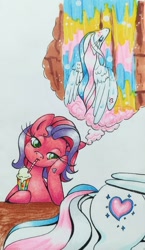 Size: 1112x1920 | Tagged: safe, artist:mintytreble, skywishes, star catcher, earth pony, pegasus, pony, g3, drink, duo, duo female, female, milkshake, shipping, simple background, traditional art, water, waterfall, waterfall shower