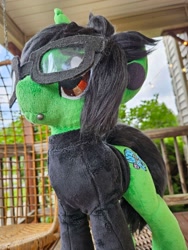 Size: 1536x2048 | Tagged: safe, artist:slappyhappy, pony, unicorn, clothes, commission, facial piercing, glasses, horn, irl, lip piercing, long sleeves, male, outdoors, photo, pierce the veil, piercing, plushie, ponified, shirt, snake bites, solo, stallion, tony perry