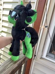 Size: 1536x2048 | Tagged: safe, artist:slappyhappy, pony, unicorn, clothes, commission, facial piercing, glasses, horn, irl, lip piercing, long sleeves, male, outdoors, photo, pierce the veil, piercing, plushie, ponified, shirt, snake bites, solo, stallion, tony perry