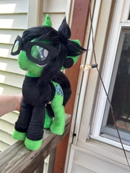 Size: 1536x2048 | Tagged: safe, artist:slappyhappy, pony, unicorn, clothes, commission, facial piercing, glasses, horn, irl, lip piercing, long sleeves, male, outdoors, photo, pierce the veil, piercing, plushie, ponified, shirt, snake bites, solo, stallion, tony perry