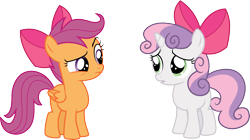 Size: 5357x3000 | Tagged: safe, artist:cloudy glow, scootaloo, sweetie belle, pegasus, pony, unicorn, g4, somepony to watch over me, apple bloom's bow, bow, duo, duo female, female, filly, foal, hair bow, horn, simple background, transparent background, vector