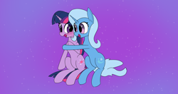 Size: 4096x2160 | Tagged: safe, artist:suryfromheaven, trixie, twilight sparkle, pony, unicorn, g4, blushing, duo, duo female, female, happy, horn, hug, lesbian, looking at each other, looking at someone, mare, open mouth, open smile, ship:twixie, shipping, smiling, sparkles, starry background, unicorn twilight