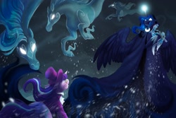 Size: 2048x1365 | Tagged: safe, artist:owlclare, princess luna, snowfall frost, spirit of hearth's warming yet to come, starlight glimmer, alicorn, pony, unicorn, windigo, a hearth's warming tail, g4, cloak, clothes, female, glowing, glowing eyes, glowing horn, gritted teeth, hat, hoof shoes, horn, luna's future, mare, scene interpretation, teeth, top hat