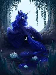 Size: 1417x1889 | Tagged: safe, artist:owlclare, princess luna, alicorn, pony, g4, both cutie marks, female, flower, full moon, lily (flower), lilypad, looking at you, looking back, looking back at you, lying down, mare, moon, night, prone, solo, spread wings, water, wings