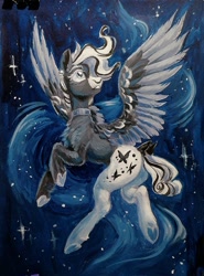 Size: 1513x2048 | Tagged: safe, artist:owl_clare, oc, oc only, pegasus, pony, bow, chest fluff, choker, concave belly, ear piercing, earring, female, flying, gouache, hair over one eye, jewelry, mare, piercing, solo, spread wings, stars, tail, tail bow, traditional art, wings